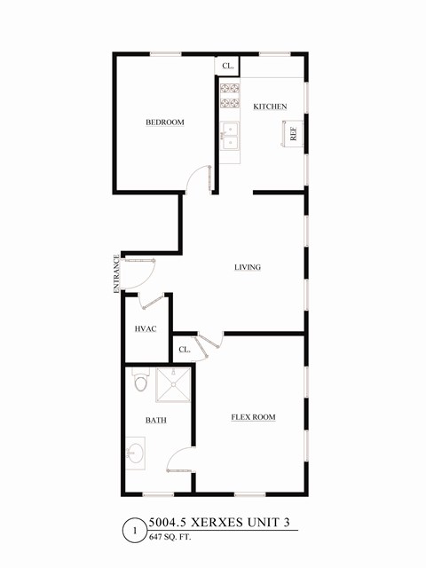 A floor plan of a 5004.5 square feet apartment with a living room, kitchen, flex room, bath, and bedroom.